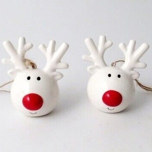 White Ceramic Reindeer Head with Red Nose Christmas Hanging Decoration