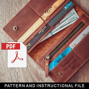 Cartera mujer patrón cuero, Cartera larga patrón cuero, Cartera mujer pdf, Descarga digital, Descarga instantánea