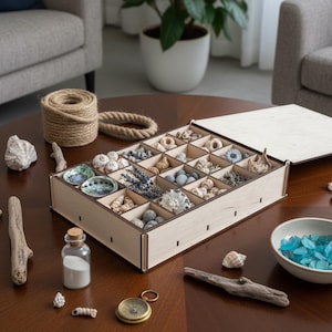 May include: A wooden box with multiple compartments filled with seashells, stones, and dried lavender. The box is open, revealing the contents, and sits on a dark wooden table. Other items on the table include a small glass bottle, a compass, and a bowl of blue glass.