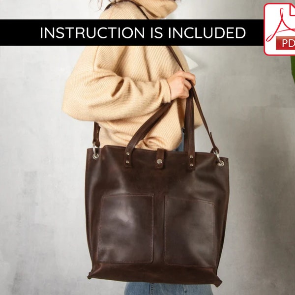 Tote bag pdf pattern, Leather tote bag pdf pattern, Leather tote pattern, Leather laptop bag pattern, Tote pattern with zipper