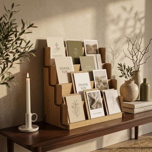 Könnte beinhalten: Ein Holzständer mit Grußkarten mit botanischen Illustrationen und Texten wie "Thank You" und "Kind Regards". Eine brennende Kerze und dekorative Vasen stehen auf einem dunklen Holztisch.