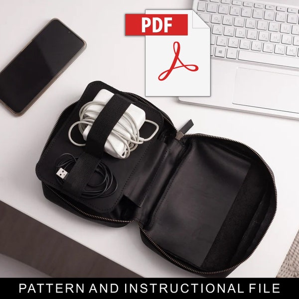 Travel tech organizer pdf,Tech accessories pattern,Cable organizer leather pdf,Gadget bag pattern,Tech case pdf