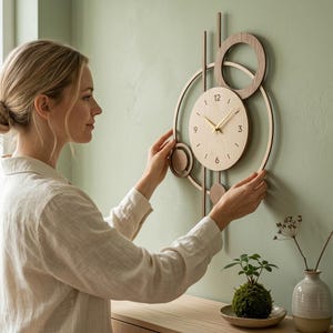 May include: A wall clock featuring a light wood circular face with gold hands and black numerals at 3, 6, 9, and 12. The clock is framed by dark wood geometric rings and vertical lines, creating an abstract layered design on a light green wall.