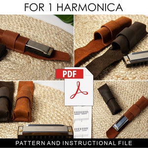 Peut inclure: Harmonica et étuis en cuir de différentes nuances de marron. Les étuis sont ouverts et fermés, montrant l'harmonica. Le texte "FOR 1 HARMONICA" et "PATTERN AND INSTRUCTIONAL FILE" est visible.