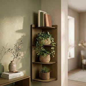 Puede incluir: Una estantería esquinera de madera con tres niveles, cada uno con una cesta tejida con una planta verde. La estantería también muestra varios libros. La unidad está colocada contra una pared verde claro, creando una estética natural y terrosa.