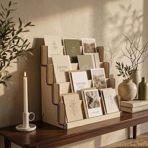 Könnte beinhalten: Ein abgestufter Präsentationsständer aus hellem Holz mit mehreren Grußkarten, die botanische Illustrationen und Texte wie "Thank You", "Kind Regards" und "Gratitude" zeigen. Der Ständer hat vier Ebenen mit seitlichen Stützen für die Karten.