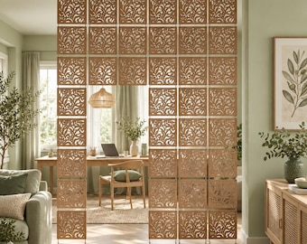 May include: A hanging room divider composed of a grid of square, light brown wooden panels featuring intricate, laser-cut floral and leaf patterns. The panels are suspended from a ceiling track, creating a semi-transparent partition.