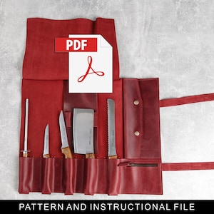 May include: A red leather knife roll with six slots for knives and a separate pocket. The roll is closed and has a strap with a buckle. The text "PDF" is visible on the roll.