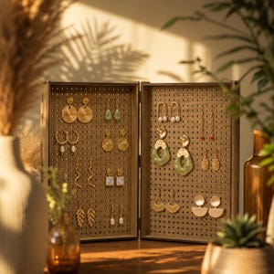 May include: A wooden earring organizer with a pegboard design, displaying various gold and green earrings. The earrings include hoops, dangles, and studs. The organizer is open, revealing the earrings against a neutral background.
