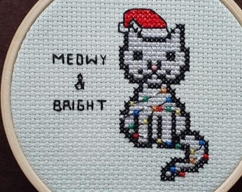 Meowy and Bright Holiday Catmas Christmas Cross Stitch Pattern, Merry and Bright, PDF
