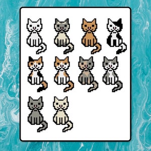 May include: A collection of pixelated cat illustrations in various colors, including white, gray, orange, and black. Each cat is depicted in a sitting position with a detailed pixel art style. The cats are arranged on a white background.