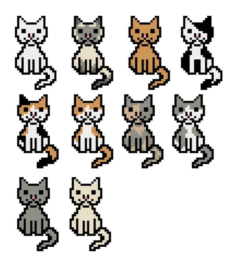 May include: A collection of pixel art cats in various colors, including white, gray, brown, and calico. Each cat is depicted in a sitting position with a curled tail. The artwork has a retro, 8-bit video game aesthetic.