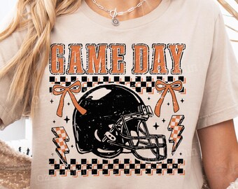 Football Game Day PNG, Retro Football Helmet Clipart, Coquette Bow Checkered Football png, Trendy Football Retro Png