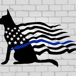 May include: A black silhouette of a sitting dog with a stylised American flag design integrated into its body. The flag features white stars on the chest and black horizontal stripes trailing behind, with a single horizontal blue line across.