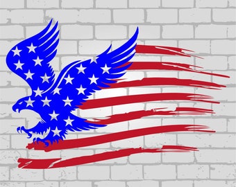 May include: A blue eagle with white stars, flying over a red, white, and blue American flag with a distressed, brushstroke effect. The eagle and flag are set against a white brick wall background.