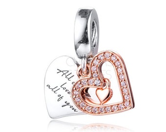 Silver Rose Gold Heart Dangle Charm 