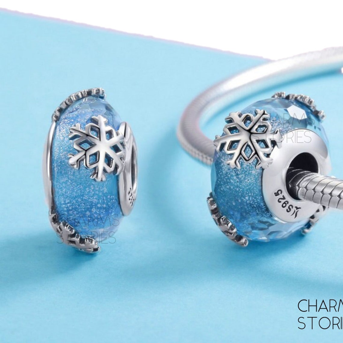 Snowflake Blue Murano Glass Bead Charm Pandora Spacer fit Etsy