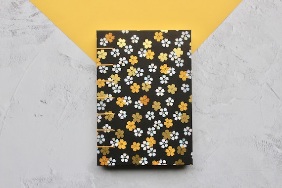 Black, Yellow & Gold Floral Watercolour Sketchbook | Handmade Coptic Bound Sketchbook | A5 Sketchbook | Gift for Artists