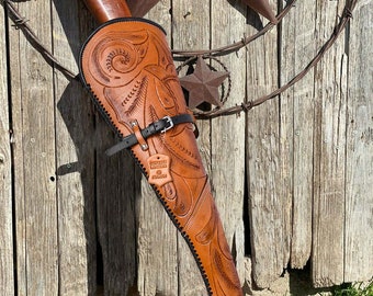 Hand Tooled Scabbard Leather Rifle Sleeve Shotgun Western Hard Case Rifle Scabbard  Hunting Black Brown BI color Gift for him or Her
