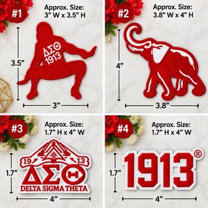 May include: Four embroidered patches in red and white. Patch 1 is a figure with Greek letters Delta Sigma Theta and 1913, 7.62 cm wide by 8.89 cm high. Patch 2 is an elephant, 9.65 cm wide by 10.16 cm high. Patch 3 and 4 are 10.16 cm wide by 4.32 cm high.
