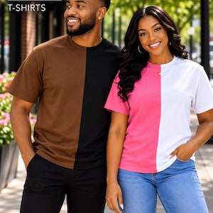 Two-Tone Split T-Shirt, Blank Half and Half Shirt, Unisex Color Block Tee, Split Color Shirt for DTF HTV Embroidery
