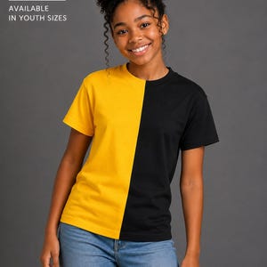 Tvåfärgad split-t-shirt för ungdomar, blank halv- och halvtröja, barntröja med färgblock, delad ungdomströja