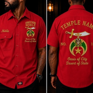 May include: A red short-sleeved button-down shirt featuring embroidered gold text and emblems. The front displays Noble and a temple logo. The back features Temple Name, No. 1, a scimitar sword, a pharaoh emblem, and Oasis of City Desert of State.