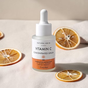 May include: A clear glass bottle of Vitamin C Concentrated Serum with a white dropper and orange label. The label reads "NATURAL AMOR" and "1 fl.oz/30ml". Dried orange slices are scattered around the bottle.