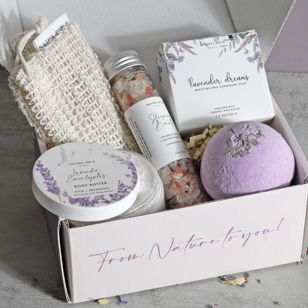 Calming Lavender Spa Bath Gift Box| Self care Gift| Handmade Gift for her| Gift Baskets for Women