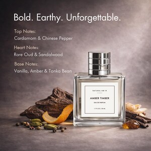 May include: A clear rectangular perfume bottle with a silver cap, labeled "AMBER TIMBER" and "EAU DE PARFUM". The image includes text: "Bold. Earthy. Unforgettable." and lists the top, heart, and base notes. The bottle is 1.7 fl oz / 50 ml.