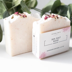 Sea Salt Rose Soap All Natural Handmade Soap Dead Sea Salt Soap Brine Soap Exfoliating Organic Soap Essential Oil Gift for her image 2