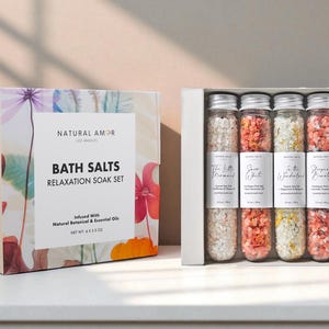 Natural Bath Salt Soak | Essential Oil Tubes | Spa Relaxation Set | Bridesmaid Gift | Self Care Holiday Gift 4pk Gift Box