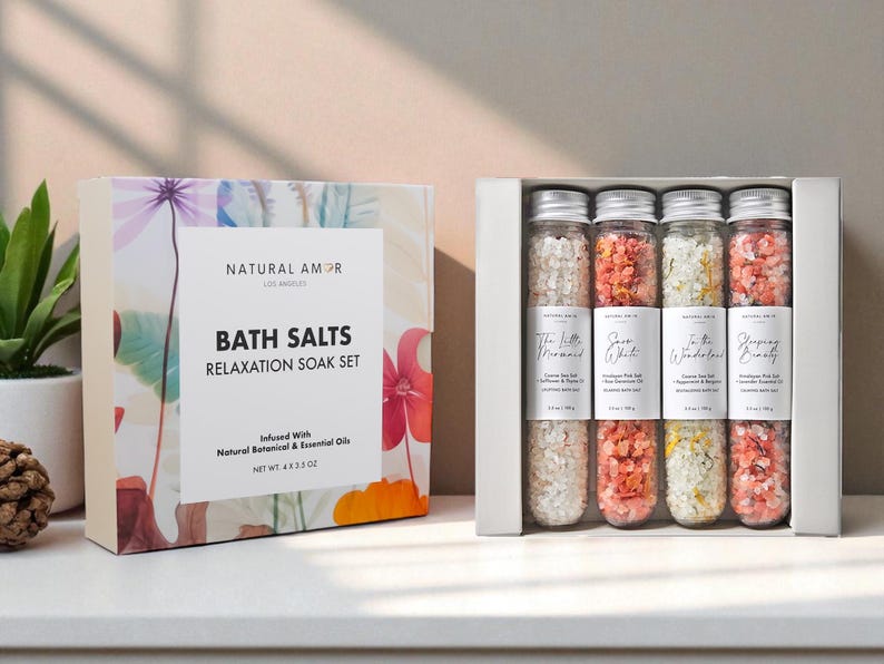 Natural Bath Salt Soak | Essential Oil Tubes | Spa Relaxation Set | Bridesmaid Gift | Self Care Holiday Gift 4pk Gift Box