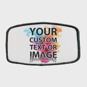 May include: A white, rectangular patch with a black border. The patch features the text "YOUR CUSTOM TEXT OR IMAGE" in a bold, black font. Below the text is the logo "ARTIUM MYSTICA" and a colorful watercolor design.