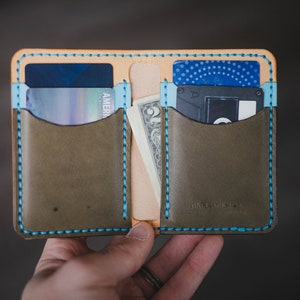 May include: A brown leather wallet with blue stitching and two card slots. The wallet is open and has a credit card, cash, and a small black card holder inside.