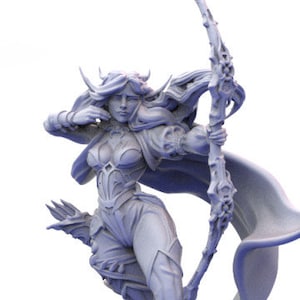 May include: A light grey figurine of a female archer in a dynamic pose, drawing back a bow. She wears a detailed outfit with a cape and has long flowing hair. The figurine is mounted on a textured base, suggesting a fantasy theme.