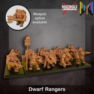 以下が含まれることがあります： ベージュ色のドワーフレンジャーのミニチュアのグループ。それぞれがユニークな鎧と武器を持っており、緑色のベースに立っています。1つのミニチュアは斧で強調表示されています。「Weapon option available」というテキストが表示されています。MadMax Miniatureのロゴが右上隅にあります。