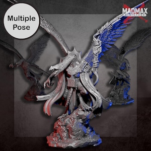 May include: A detailed, grey, 3D printed miniature of a winged creature with a long, pointed beak and a flowing robe. The miniature is posed with its wings spread wide and its head tilted slightly to the side. The miniature is standing on a rocky base.
