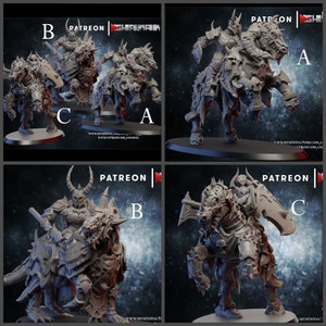 以下が含まれることがあります： 鎧を着た騎士が、骸骨のようなドラゴンに似た生き物を乗っている、ミニチュアフィギュアが4体。フィギュアはグレーのカラーリングで、ダイナミックなアクションポーズをとっている。フィギュアにはA、B、Cの文字が付けられている。