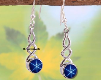 Blue Lindy Star Earrings, Women&#39;s Blue Star Sapphire Earring, Sterling Silver Earring, Lab Lindy Star Earring, Anniversary Gifted Earring