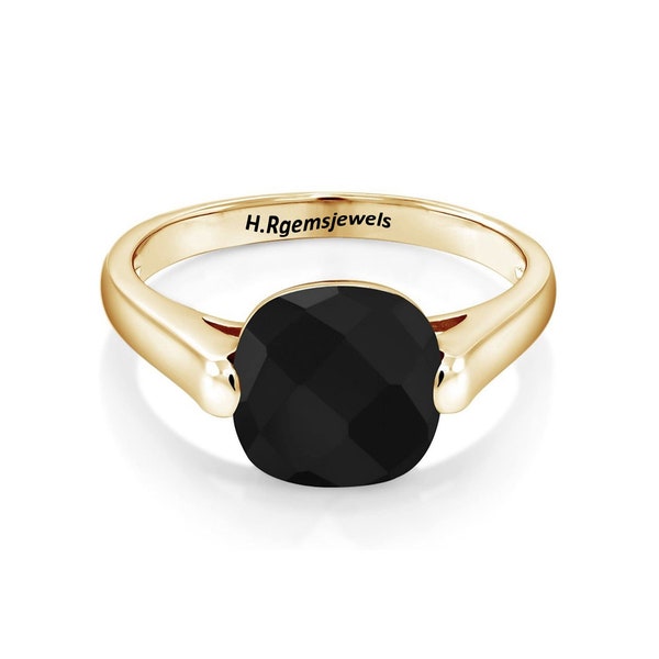 Bague en onyx noir naturel, bague en onyx noir taille coussin, argent sterling 925 avec plaqué or jaune 18 carats, bague pour femme, bague de promesse