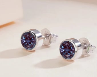 Dainty Alexandrite Earrings For Women, Round Cut Lab Created Color Changing Alexandrite Gemstone Earrings, 925 Sterling Silver.