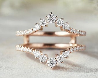 Vintage Moissanite Double Curved Wedding Band Rose Gold Moissanite Ring Enhancer Stacking Matching Promise Custom Wedding Rings For Women