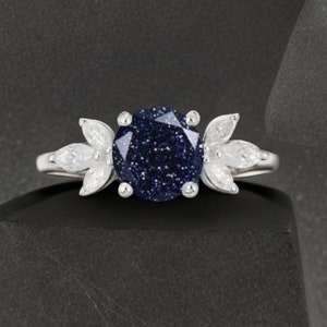 Unique Galaxy Healing Round Cut Blue Sandstone Engagement Ring Moss Agate Wedding Ring 14k Rose Gold June Birthstone Alexandrite Ring