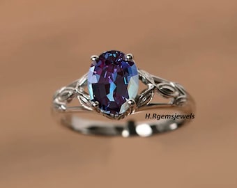Oval Alexandrite Ring: Rose Gold Sterling Silver Art Deco Engagement Ring