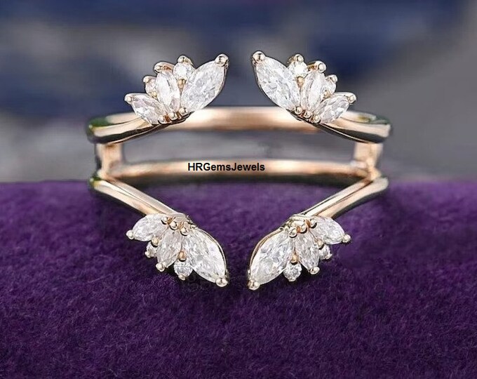 Marquise Moissanite Wedding Band: Rose Gold Art Deco Sterling Silver ...