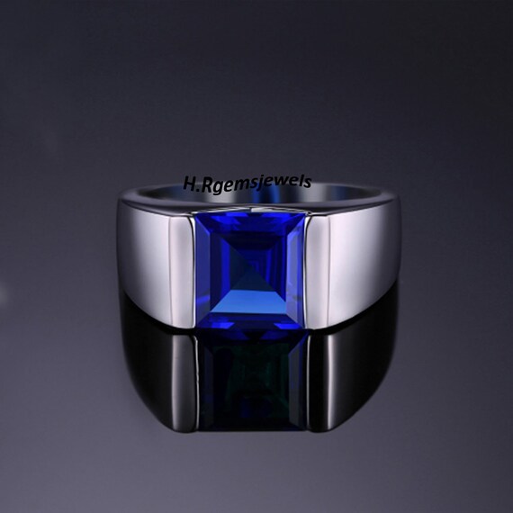 Blue Sapphire Mens Ring 925 Sterling Silver Ring Lab Created
