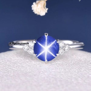 Blue Star Sapphire Ring: 925 Sterling Silver Promise Ring