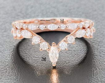 Geschwungener Ehering für Damen, Vintage-Stil, Roségold, Marquise-Schliff, Diamant-Moissanit-Hochzeitsring, einzigartiges birnenförmiges Braut-Stapel-Versprechungsgeschenk