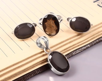 Parure en quartz fumé : bague en argent sterling, boucles d'oreilles, pendentif